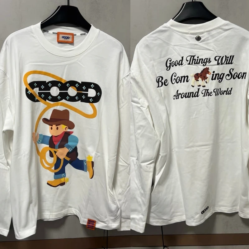Lasso Cowboy Letter Print Round Neck Pullover Men Women Streetwear Black White GOODBRAND Tshirts Dropped Shoulder Long Sleeves