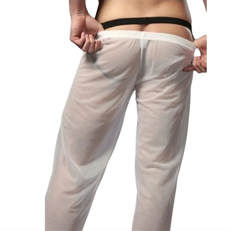 Mans Breathable Bottoms Sexy Smooth Transparent Mesh Gauze Pants White Balck Mesh Men Underwear Long Trousers