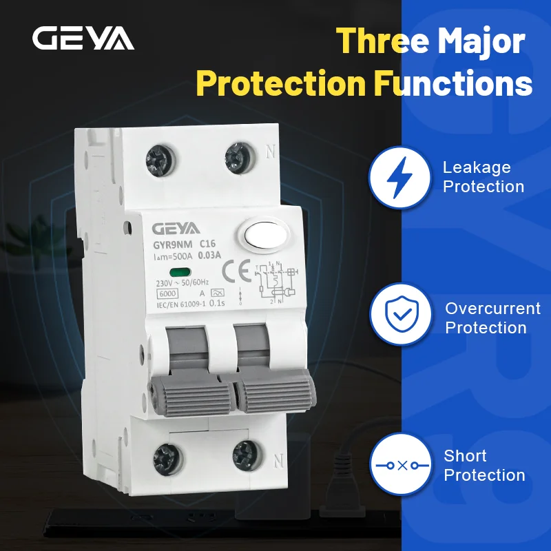 GEYA GYR9NM Type A RCBO 2P Magnetic Residual Current Circuit Breaker with Over Current Overload Leakage Protection Detection