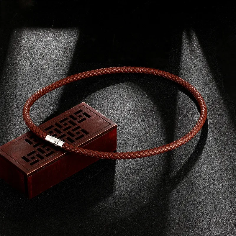 Fashion Men's Choker Necklace Black Brown Braided Leather Necklace Stainless Steel Magnetic Clasp Male Jewelry Gifts