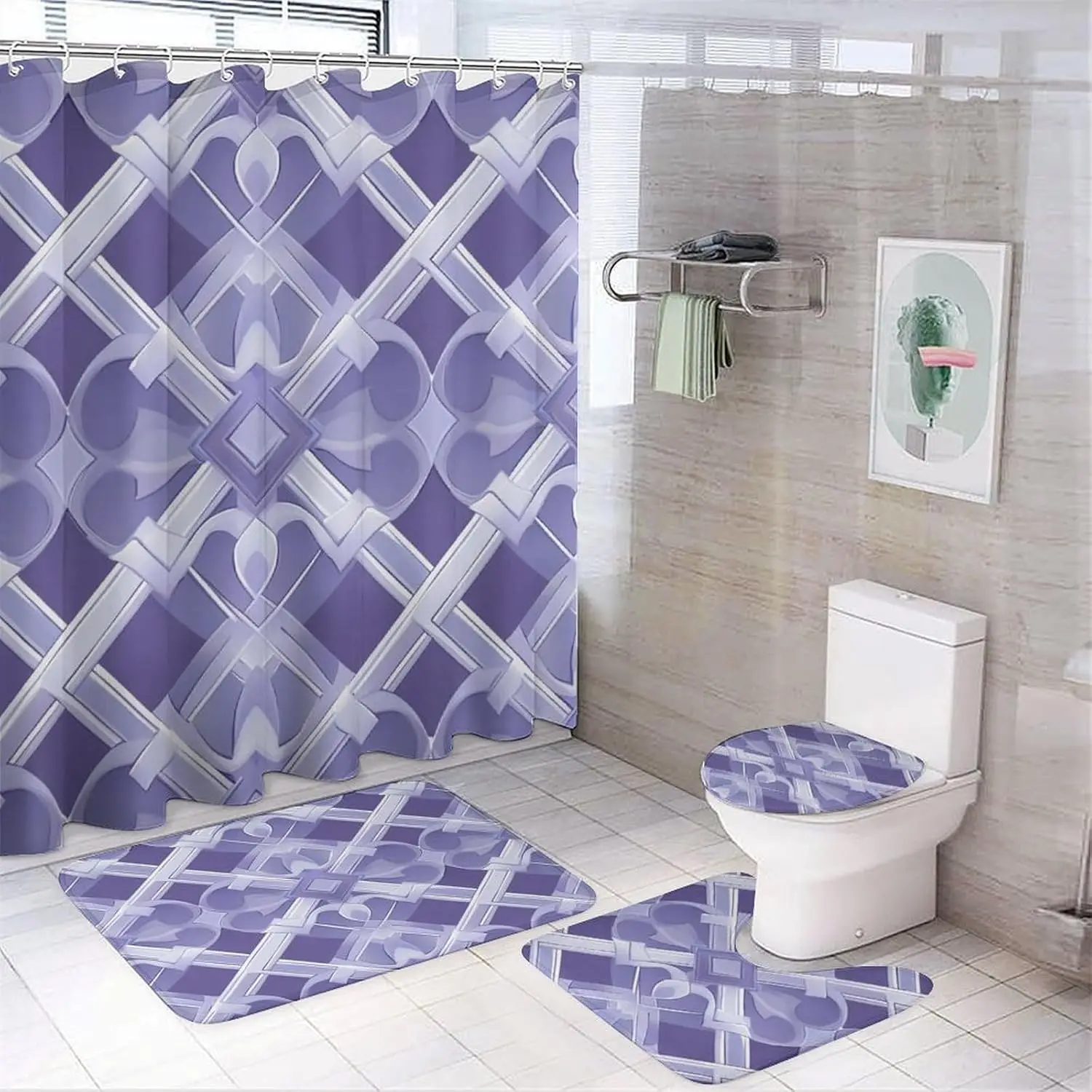 

Bathroom Curtains Shower Set with Rug, Geometric Pattern Printed on Bathroom Rug and Shower Curtain Sets, Ideal for Bathroom
