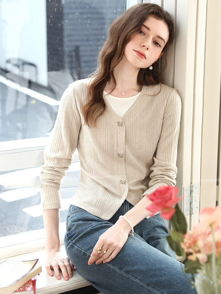 I BELIEVE YOU Women's Apricot Fake Two V-neck Knitted Tops Autumn Chic Butterfly Button Slim Top O-neck Thin Sweater 2253016122 - Image 3