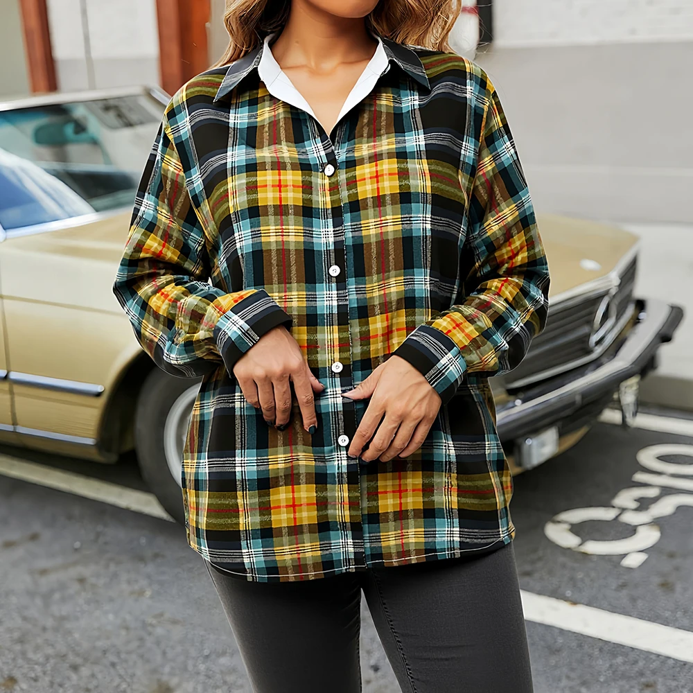 

Mia Muse Select Autumn Shirts 2025 Women's Retro Vintage Plaid Long Sleeve Shirt Collar Fitting Slim Dating Shirts