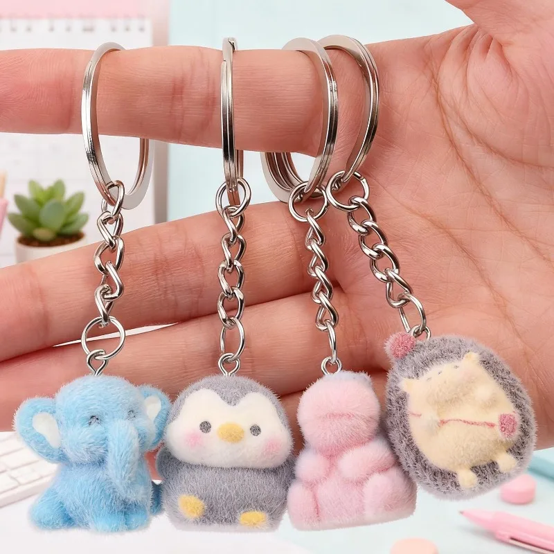 Flocking Cute Hippo Elephant Hedgehog Keychains For Friend Gift Resin Cartoon Lovely Fluffy Penguin Animal Pet Bag ccd Key Ring