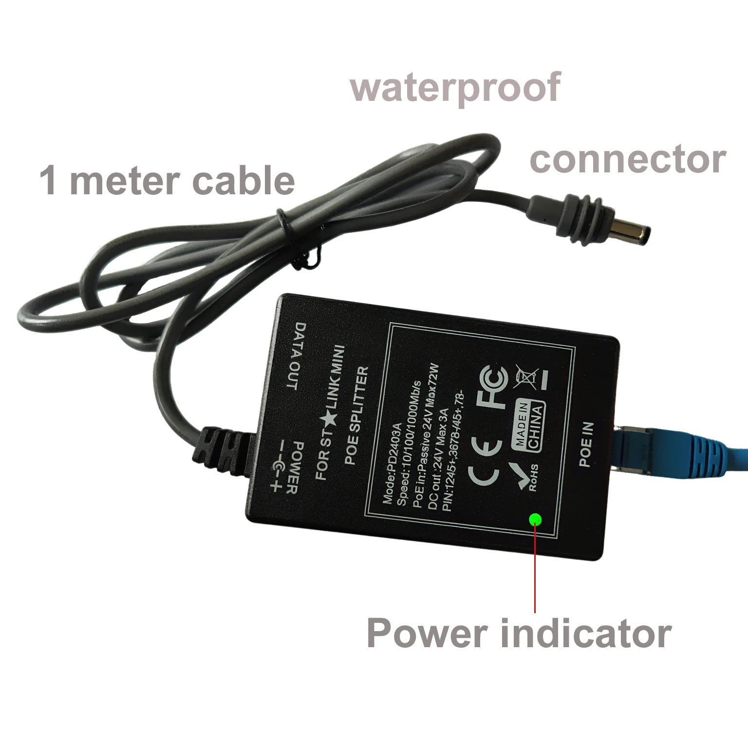 24V 3A POE splitter with waterproof DC connector work with passive POE injector to power starlink MINI antenna