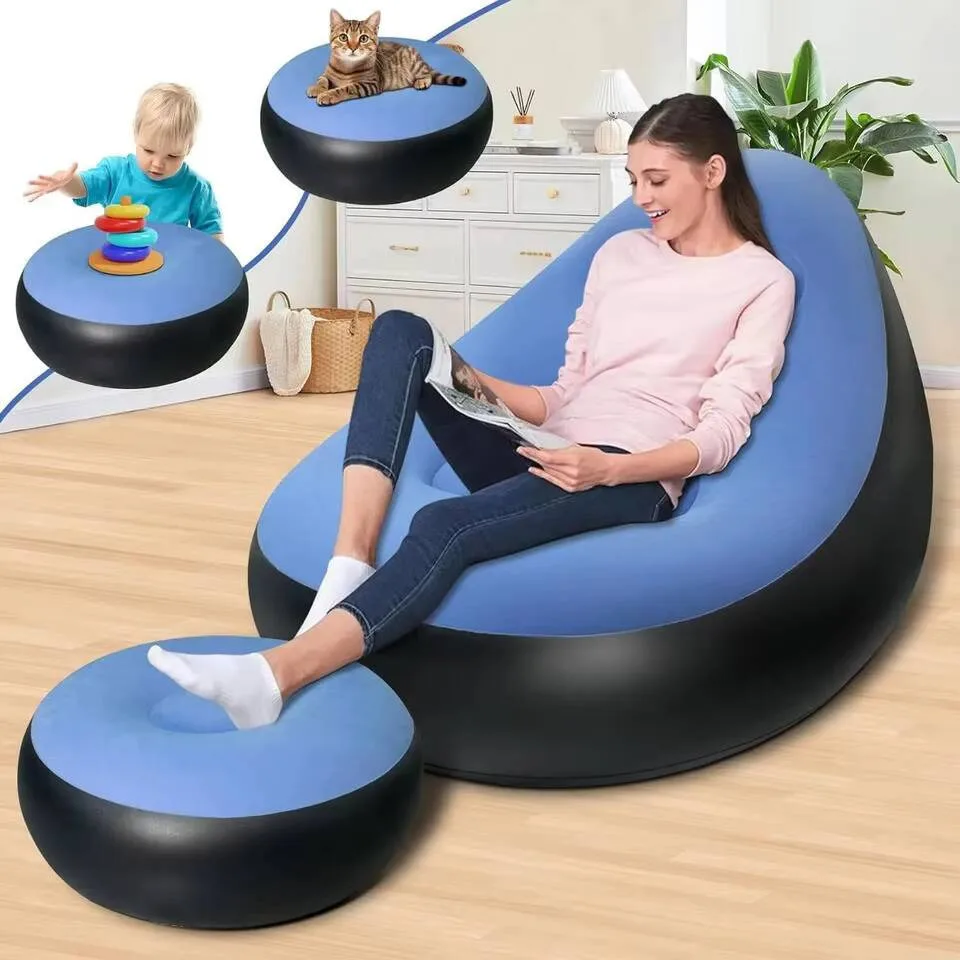 Modern Single Inflatable Backrest Recliner With Bean Bag Fill PVC Flocking Lazy Sofa Foldable Storage Foot Pump For Living Room