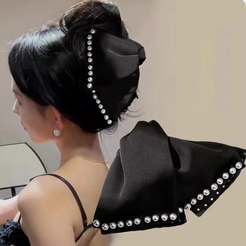 Pinzas para el pelo con lazo de perlas de satén de color sólido grande, clip de cola de caballo elegante, tocado de niña dulce, accesorios para el cabello, nueva moda