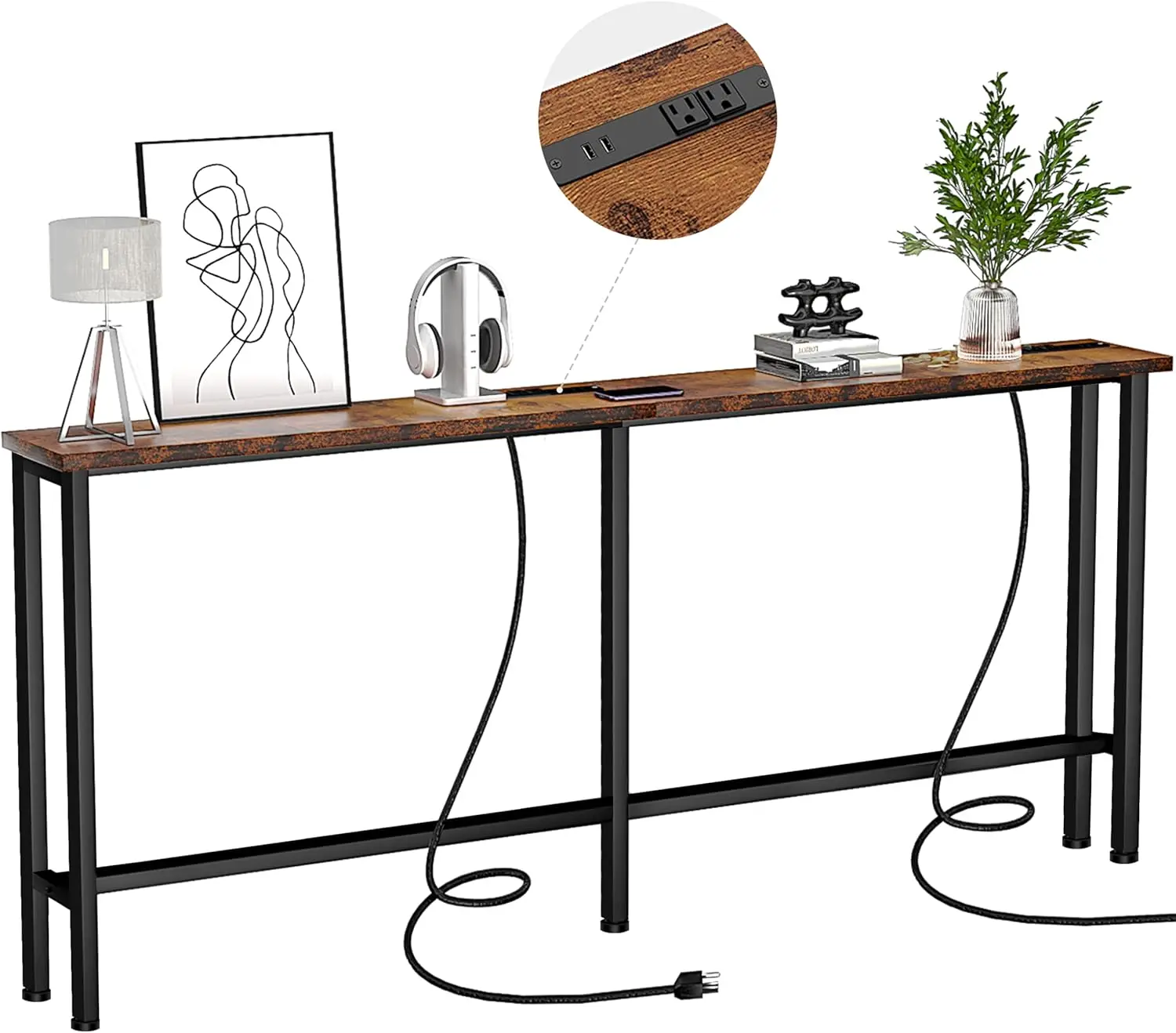 

Узкий консольный столик 78 дюймов с 2 розетками и 4 USB-портами, металлическим каркасом, коричневый в деревенском стиле — простая сборка