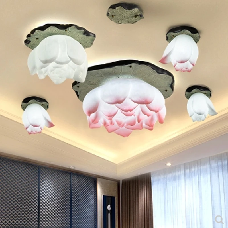 Luz de techo de decoración creativa china, lámpara de resina de loto E27, accesorio interior de flores para balcón, pasillo, dormitorio, sala de estar y comedor