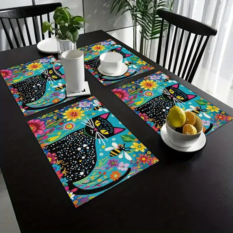 Colorful Cat Floral Heat Resistant Washable Table Placemats Dining Home Kitchen Holiday Accent Decor 4 Piece Set