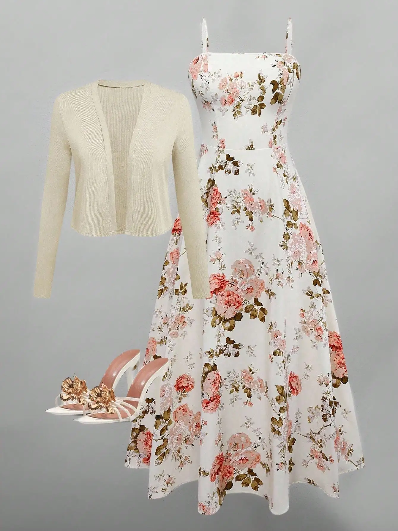 

Floral Print Cami Dress With Cropped Cardigan Two Piece Set Women Formal Tea Party Outfit