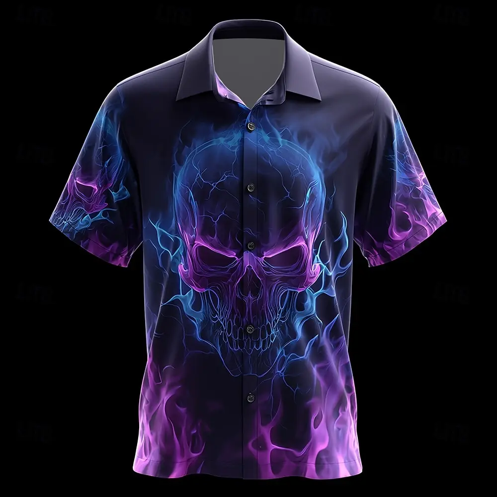 Men's Skull Flame Neon Glow Shirt Button Up Shirt Short Sleeve Dark Gothic Style Outdoor Vacation Summer 3D Print Collared Shirt