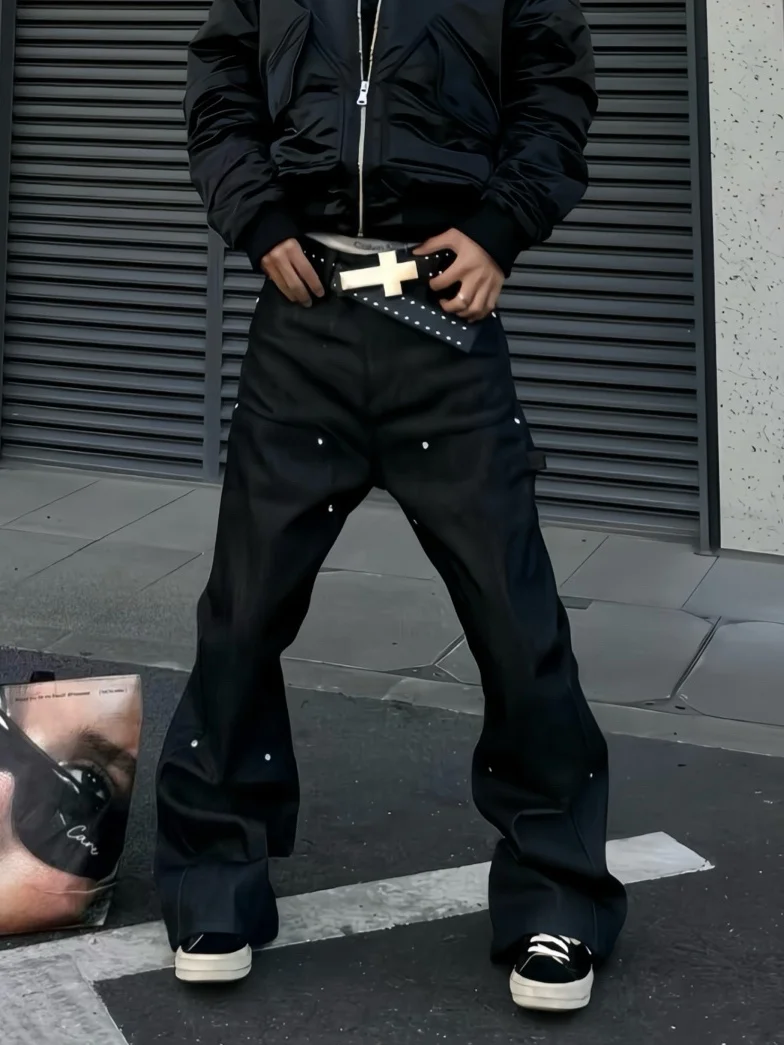 

Bla Workwear Jeans Men's Slim Fit Bootcut High Street Sle Rivet Rhinestone Belted Casual Straight Leg Jeans for Teens And...