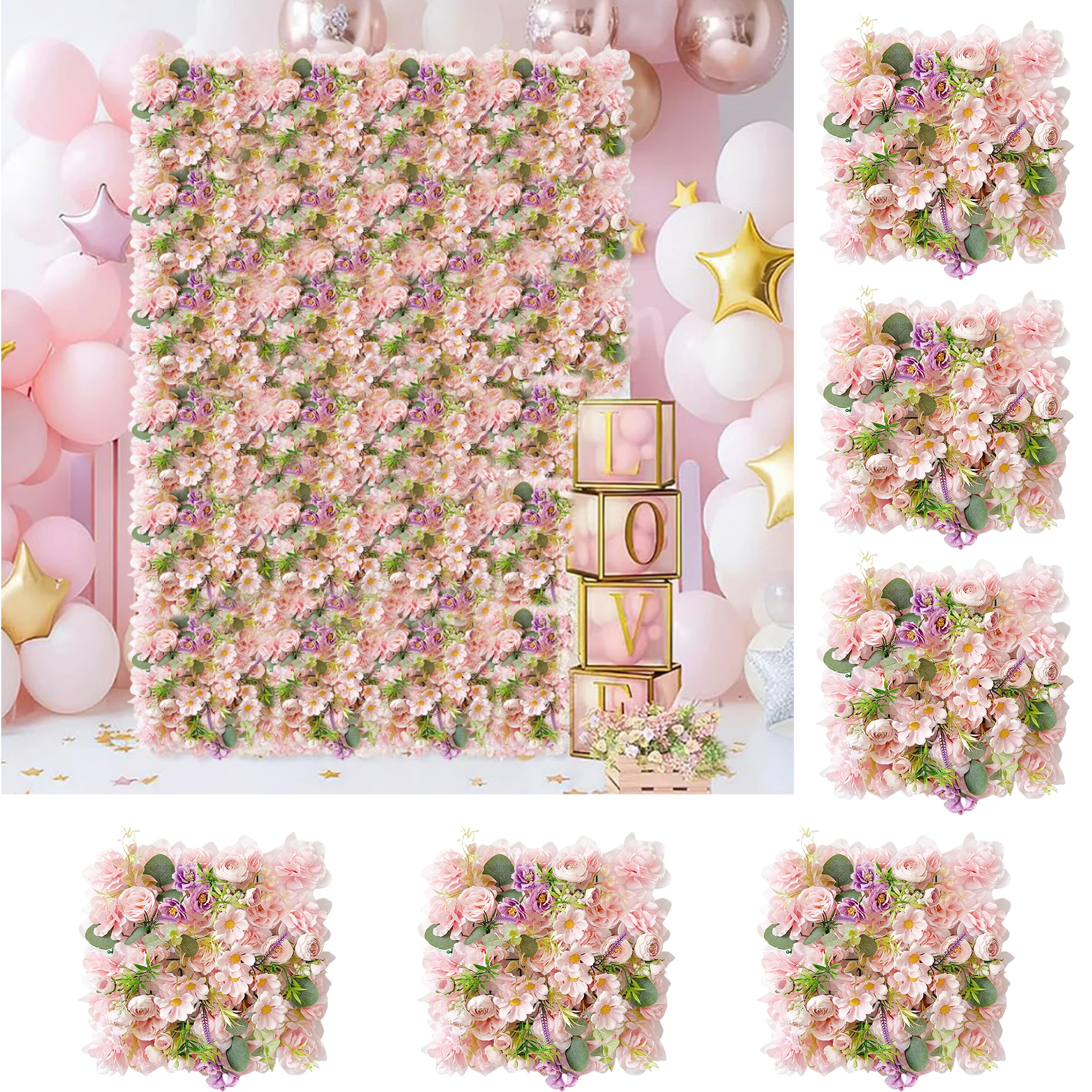 6Pcs Flower Wall Panels 3D Artificial Rose Wall Backdrop for Wedding Bridal Shower Party Photo Photography Background Decor