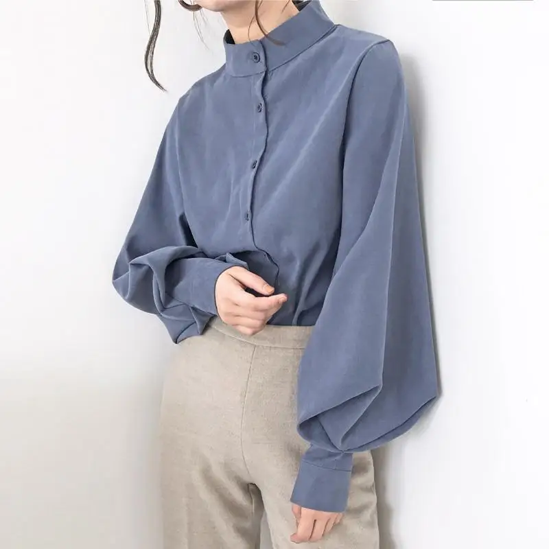 FSMG-Women Vintage Shirt with Stand Collar,Lantern Sleeves, Single-Row Button, Office Graceful Top, Trendy, Black, spring/Autumn