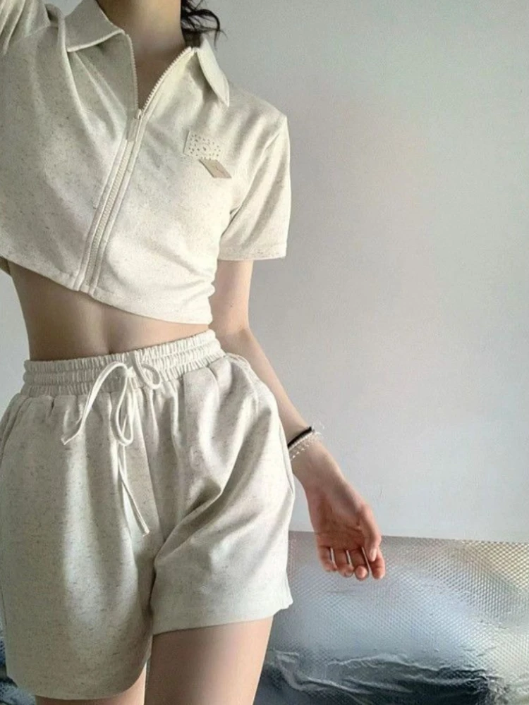 

Women Summer Trendy Polo Collar Short Zipper Casual Set High Waist Drawstring Japanese Style Shorts Two Piece Outfit