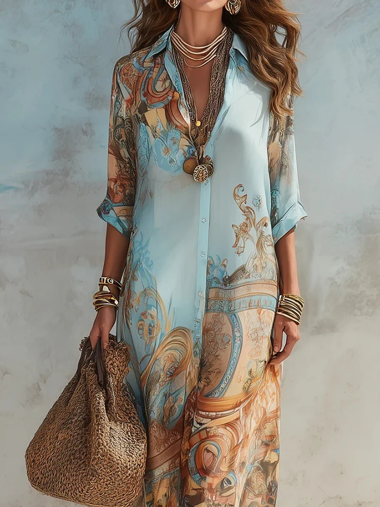 Vintage Spring Summer Female Buttons Maxi Dress, Women Patchwork Printing Elegant Party Dress, Office Ladies Retro Dress Vestido