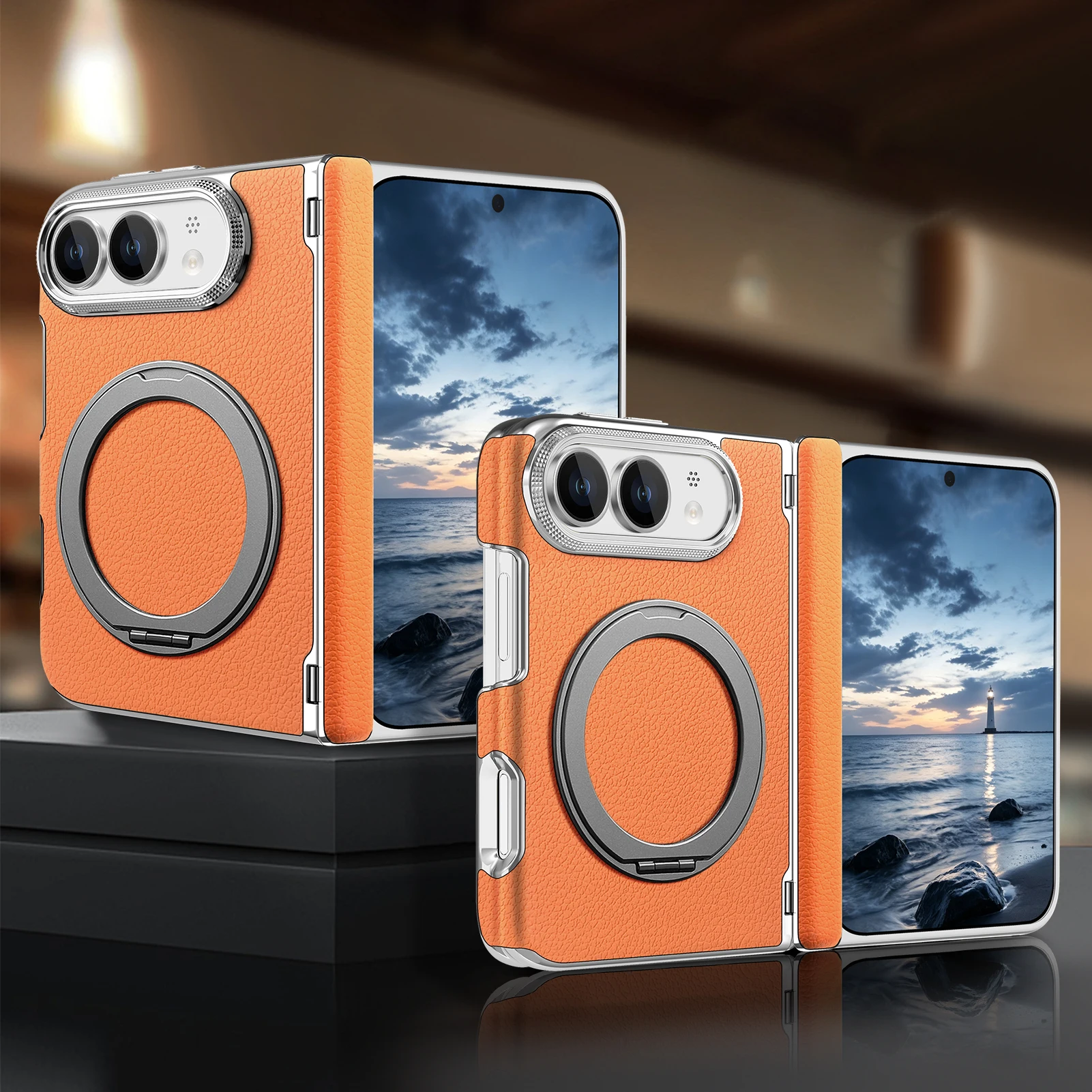 360 Rotating Magnetic Stand Lychee Pattern Leather Case‌ for iPhone Ultra 18 Fold Hinge Protection‌ Shockproof For Magsafe Cover