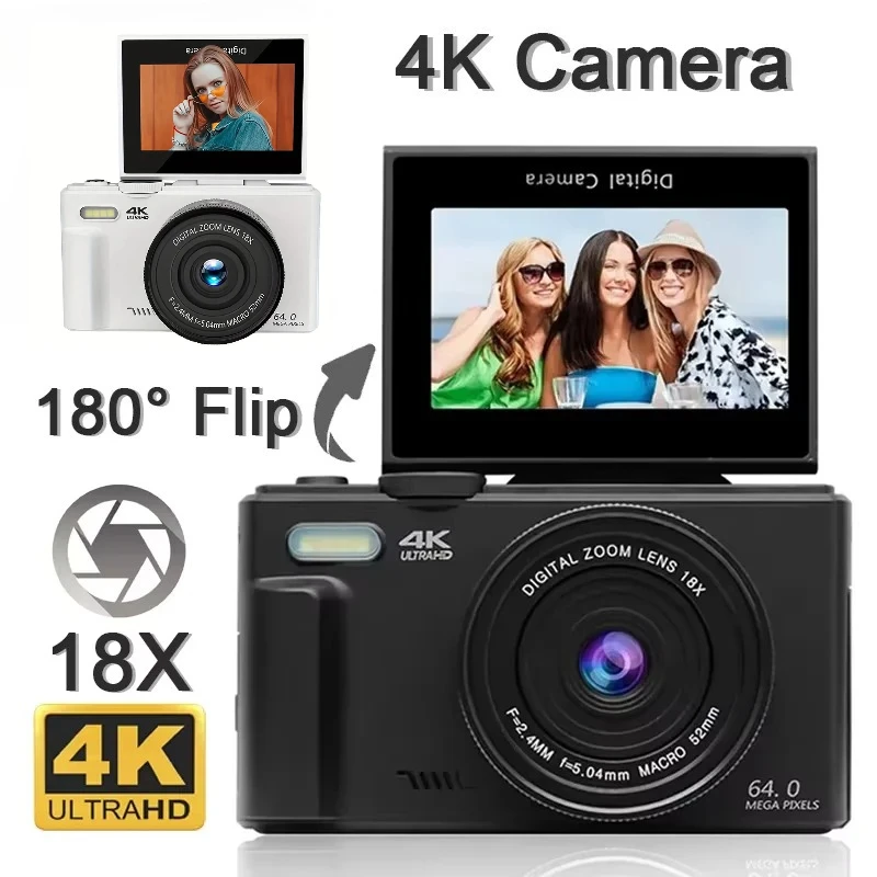 

64MP Digital Photography Camera 3.0" Flip Screen 180° WIFI 18X Digital Zoom 4K Vintage Vlog Video Recorder YouTube Webcam Camera