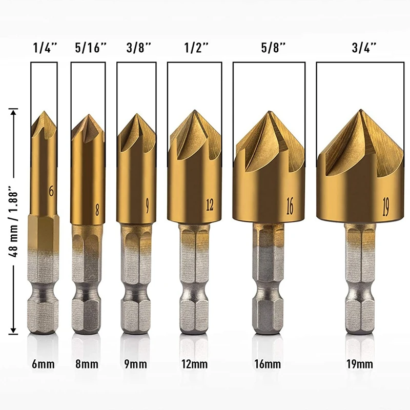 6-częściowy zestaw wierteł z chwytem sześciokątnym 1/4 cala Zestaw wierteł centrujących HSS 5-ostrzowy z pogłębiaczem 90 stopni Zestawy narzędzi do dziurkowania