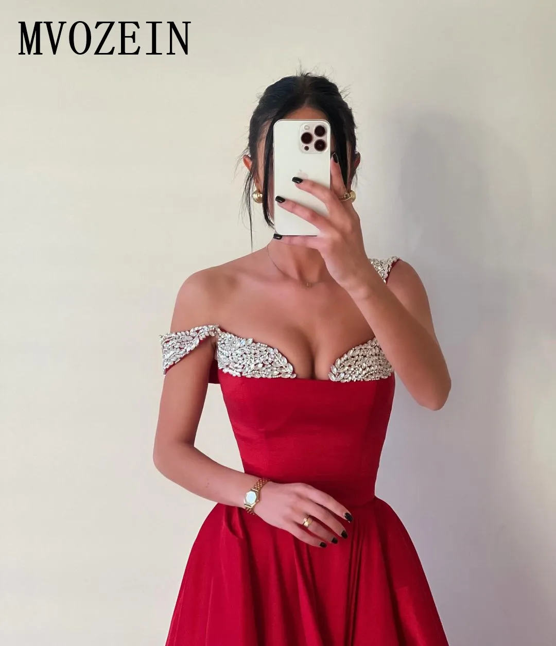 MVOZEIN Red Satin Evening Dresses Hand Beding Crystal A-Line Prom Dresses Off the Shoulder Elegant Party Dresses 2024