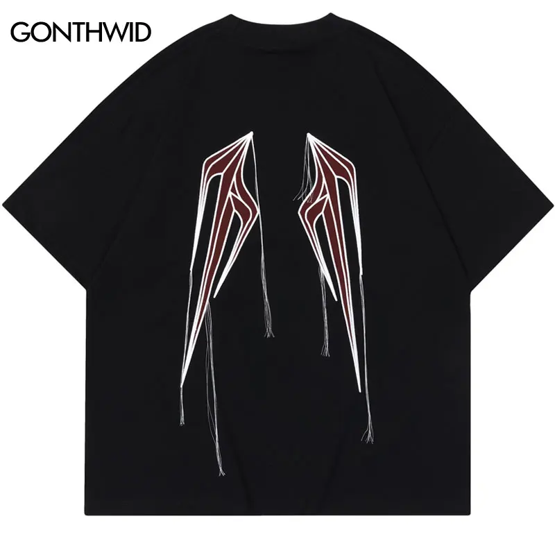 

Men Oversized Tshirt Streetwear Embroidery Tassel Letter Wings T-Shirt Harajuku Loose Punk Shirts 2024 Hip Hop Short Sleeve Tops