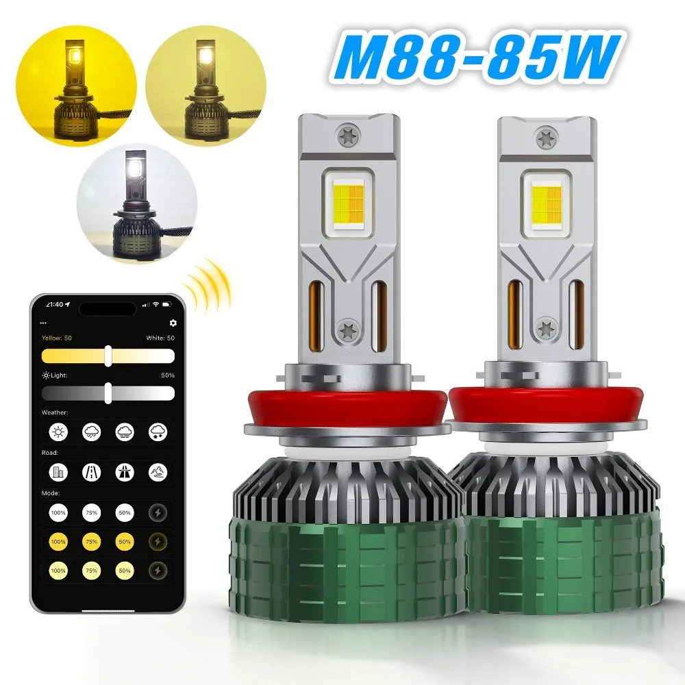

H7 H8 H9 H11 H16 HB3 HB4 HIR2 H4 HB2 LED Headlight Bulbs 12V 85W 3000K 4300K 6000K Dual Copper Tube Smart APP Control