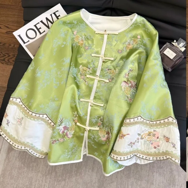 

Жакет в китайском стиле с тяжелой вышивкой, круглым вырезом, жаккардовым узором, застежкой спереди, высококачественный, на пуговицах, в ретро-стиле, женская одежда.