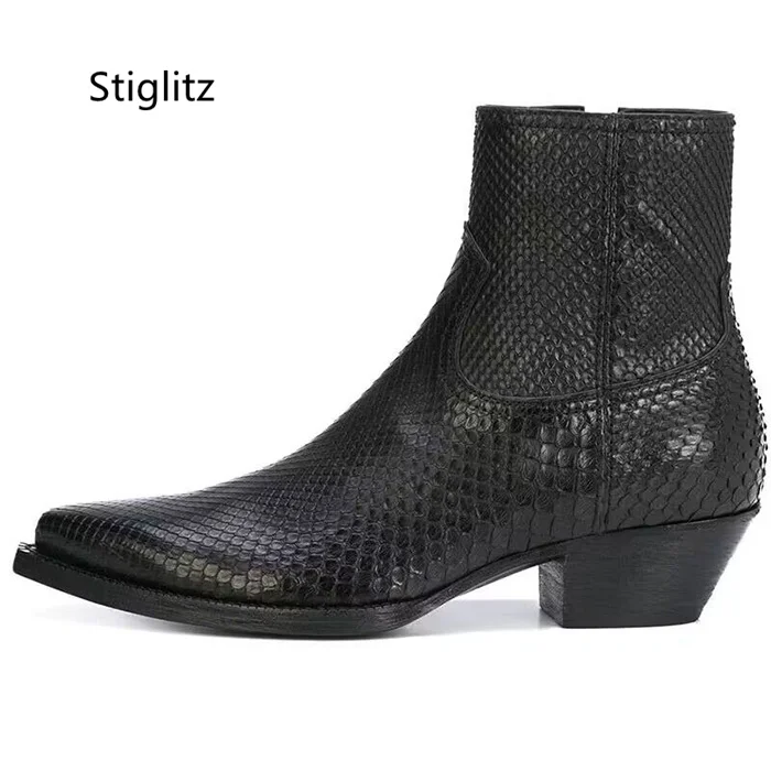 Snake Pattern Men\'s Ankle Boots Black Pointed Toe Zip Genuine Leather Chelsea Boots British Style Luxury Business Wedding Shoes