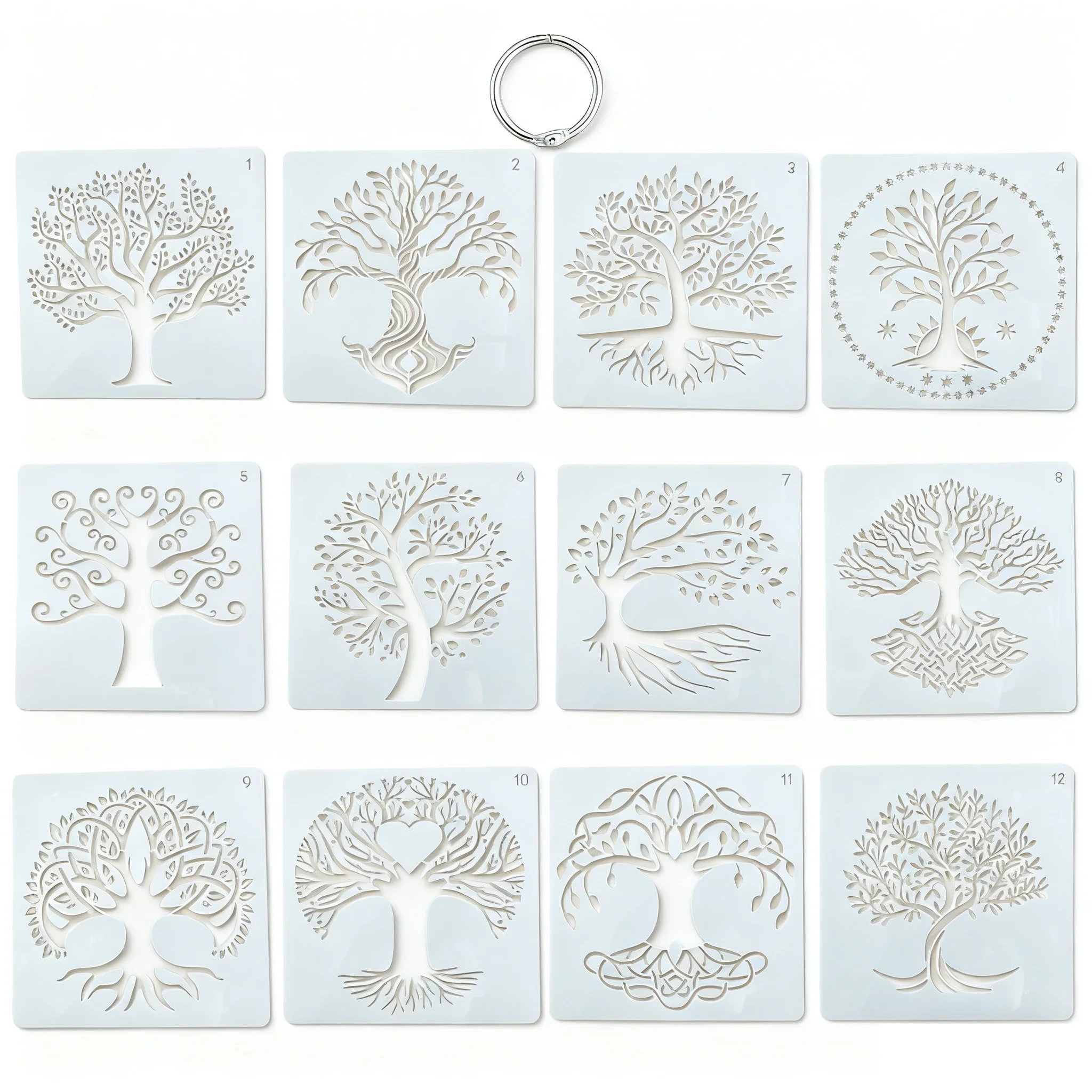 12 Pcs Christmas Tree Stencils for Painting, Reusable Holiday Pine Tree Stencil Merry Christmas Stencils for Card Making Wood Si