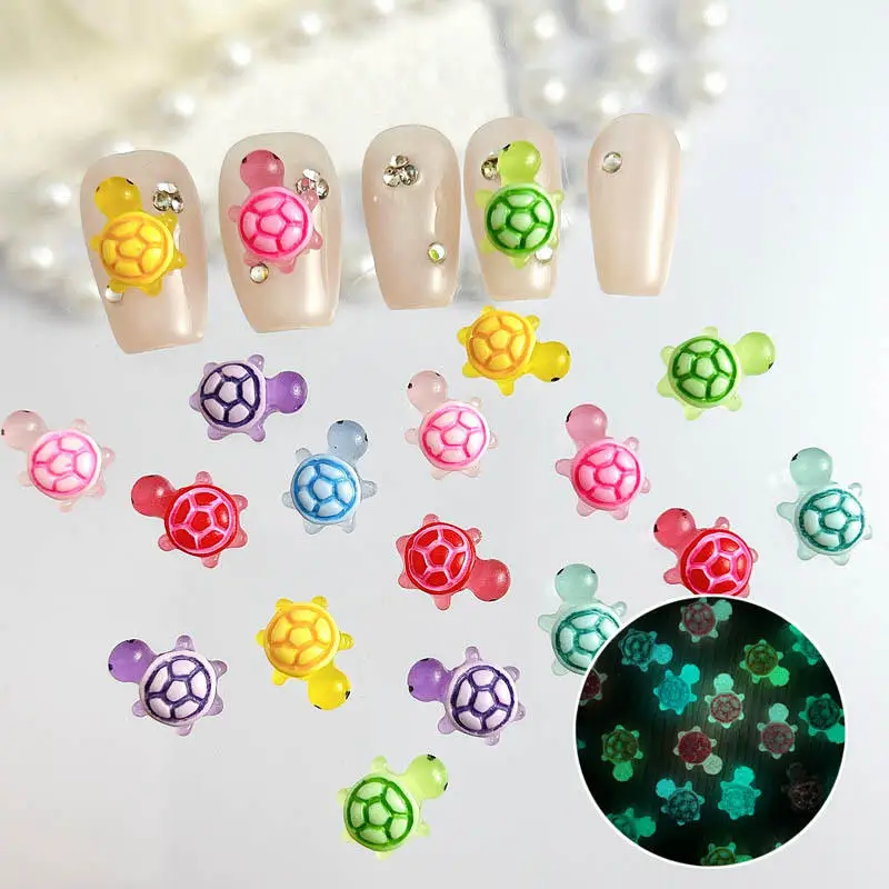 20PCS Dopamine Colored Cute Turtle Resin Nail Charms Luminous Simulated Turtle Animal Nail Art Decorations for DIY Hairpin Nails