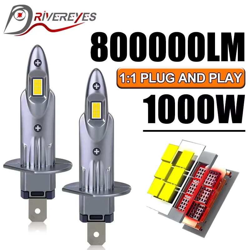 

2PCS H1 LED Car Light H7 H4 H11 H8 H9 9005 9006 HB3 HB4 800000LM 1000W POWER 8054 CSP 6500K 4300K 1:1 Size Lamps Fanless 12V 24V
