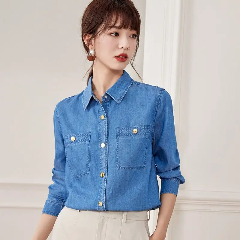 

Retro Blue Denim Shirt For Women Spring Autumn 2025 New Long Sleeved Solid Single Breasted Jeans Blouse Female Top