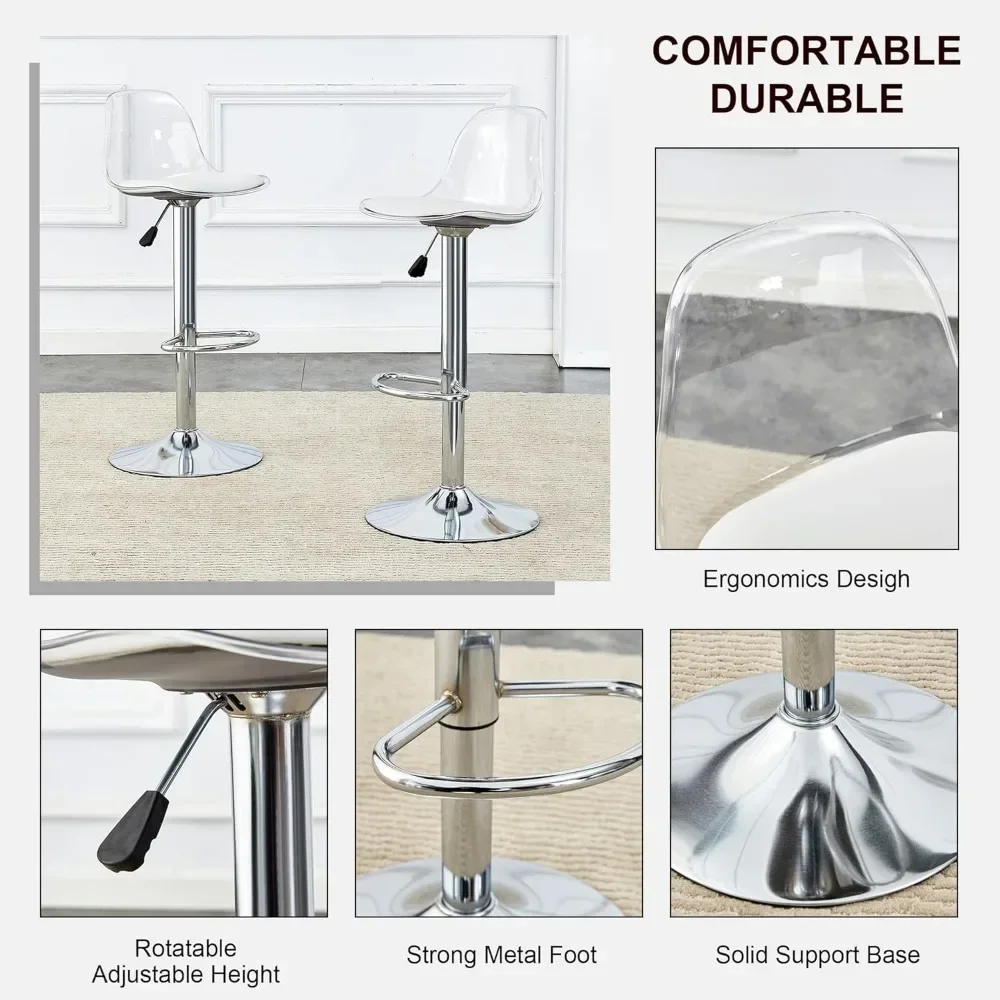 Mesa de bar, mesa y sillas circulares de cristal para 2 personas, equipada con 2 sillas giratorias ajustables sin brazos plateadas, mesa de bar