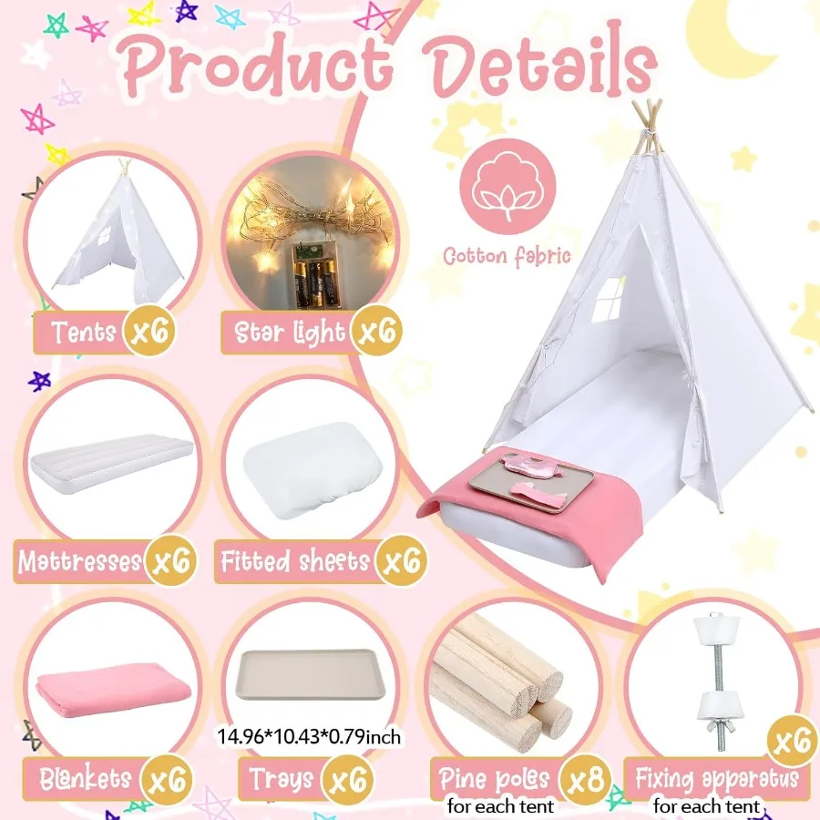 6er-Pack Kinder-Tipi-Zelt für Schlafanzüge, Schlafanzug-Zelte für Mädchenpartys mit Luftmatratze, Sternlichtern, Decken, Tabletts, Blätter,