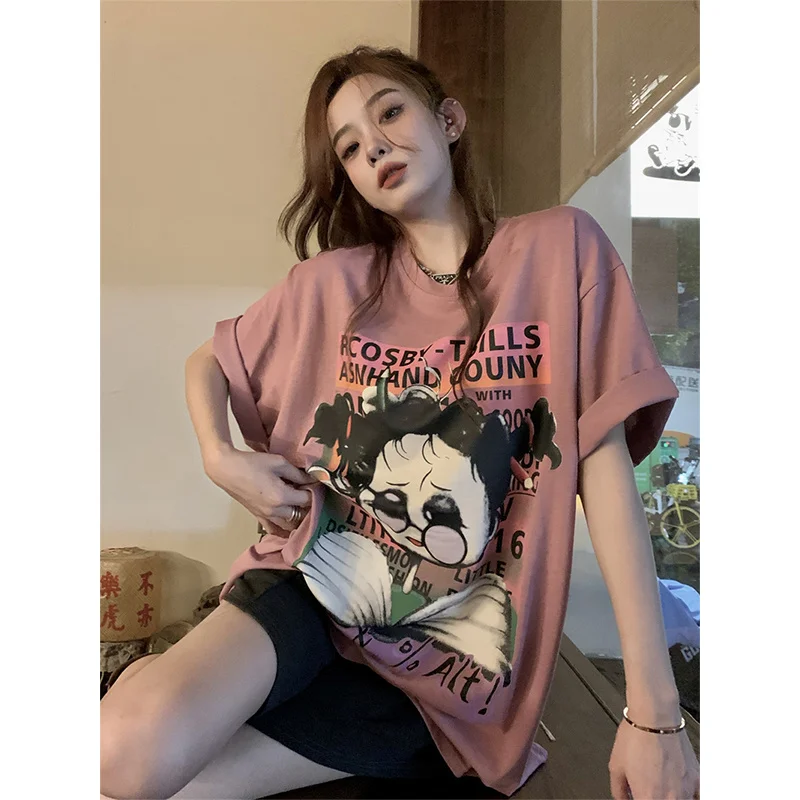 

T-shirt Women's Design Cartoon Print Summer Korean Version 2023 New Loose Long Tshrits Female Versatile Short Sleeve Top Trend