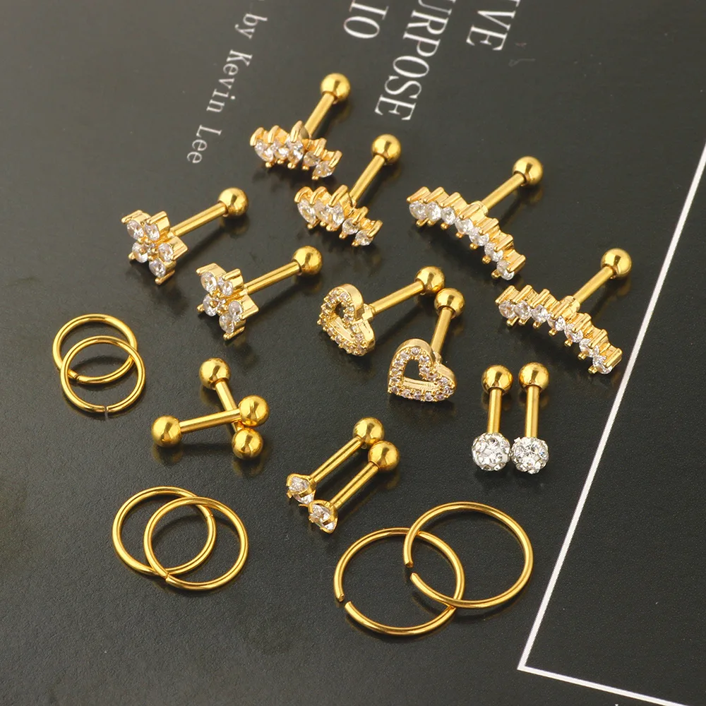 Fashion Crystal Cartilage Earring Set Stainless Steel Gold Color Ear Hoop Helix Tragus Ear Stud Set Women Earrings Jewelry Gift