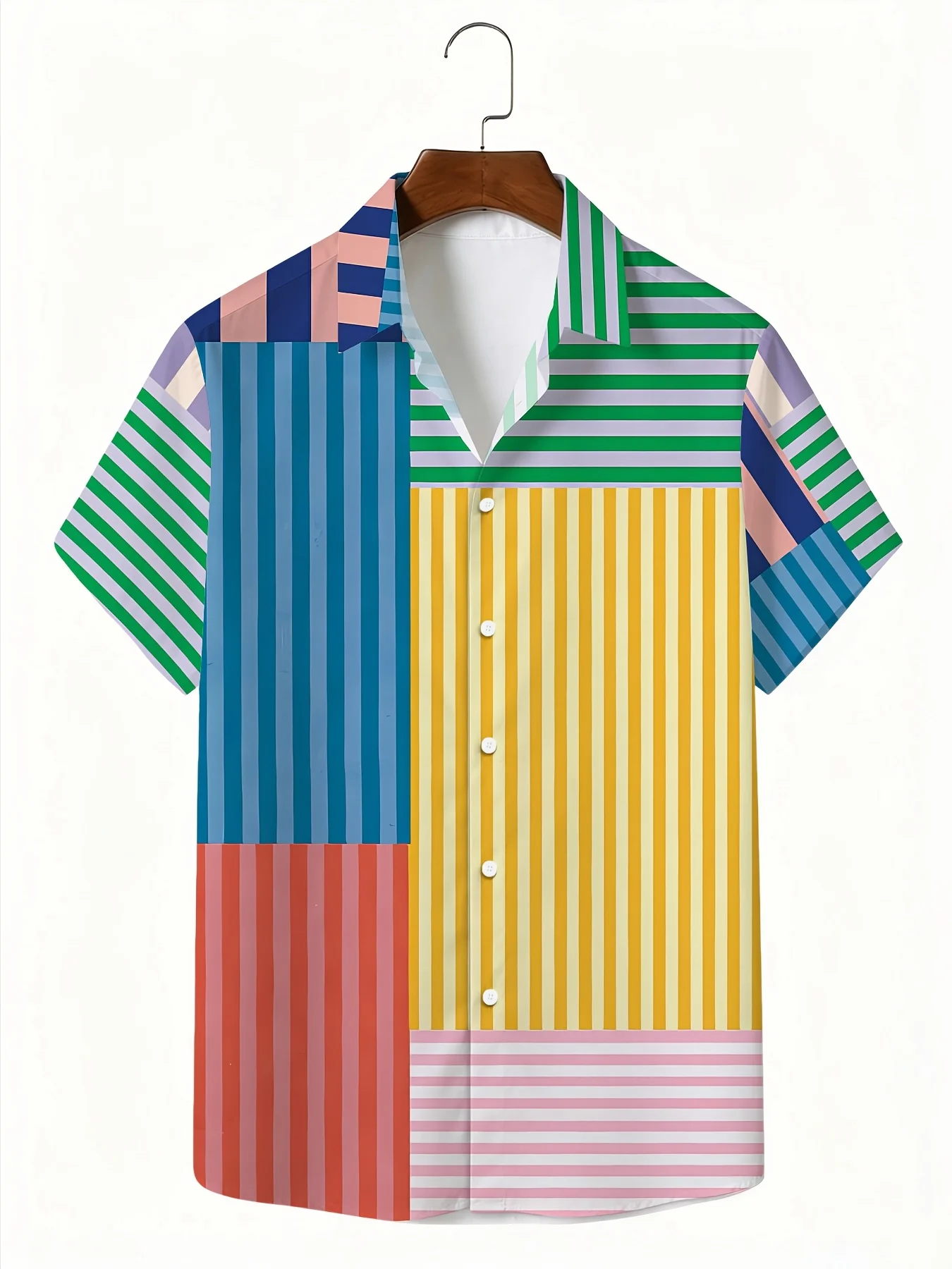 Men's Shirt Color Block Striped Splicing Print Short Sleeve Lapel Button Shirts Summer Beach Vacation Casual Tops Men Clothing