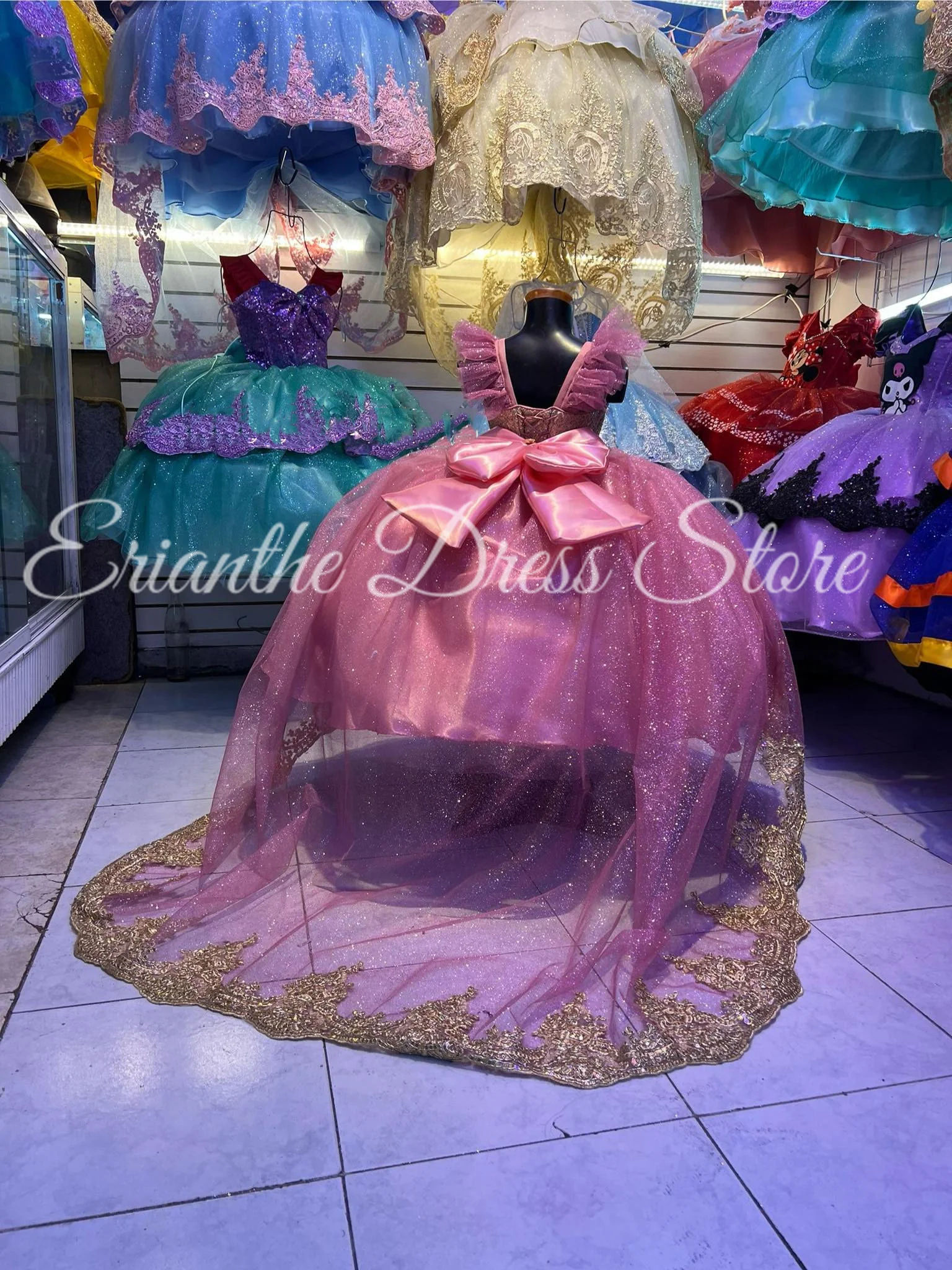 Abito da ragazza di fiore gonfio in tulle scintillante per applicazioni da sposa con fiocco Abiti da ballo per prima comunione per feste di compleanno per bambini personalizzati