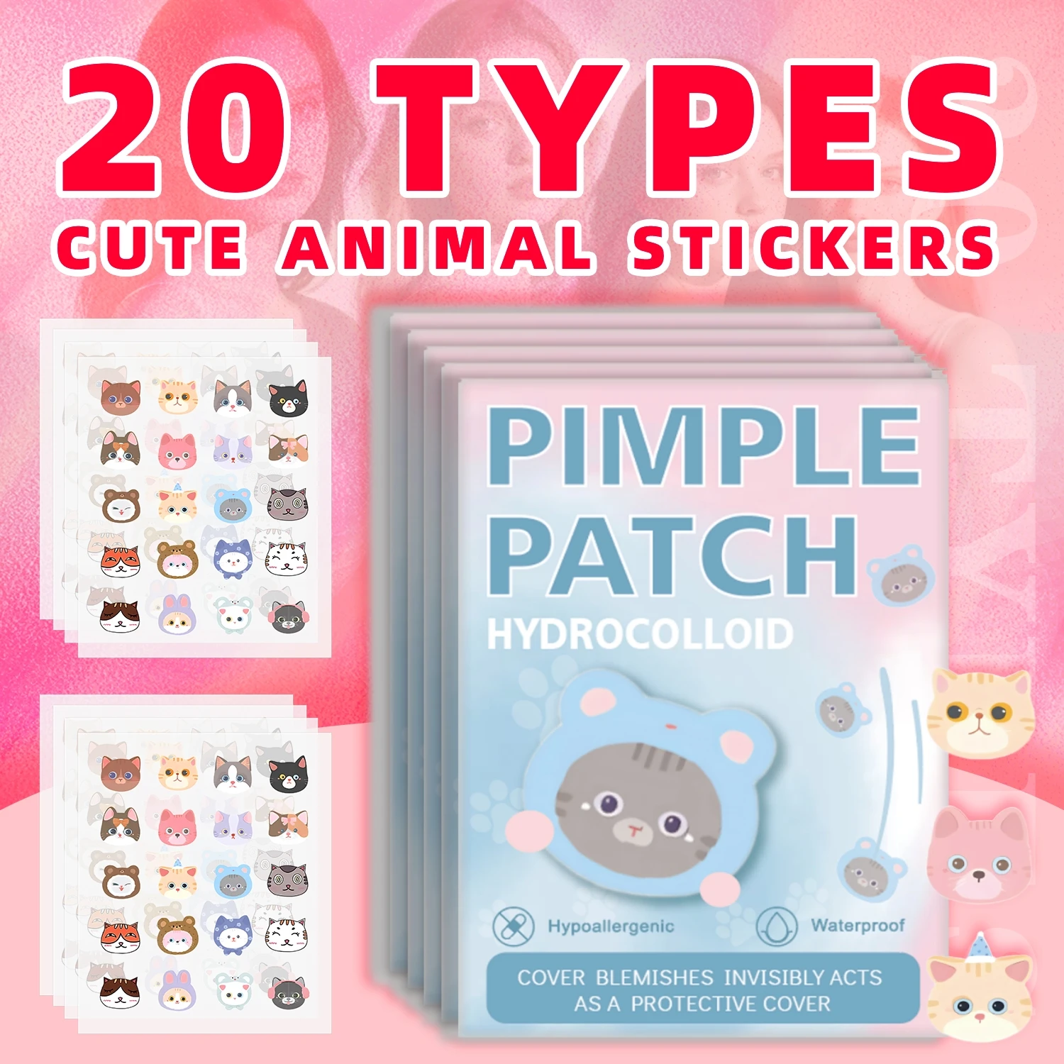 40pcs Salicylic Acid Acne Patches - Invisible & Cute Cat-Shaped Stickers to Fight Pimples and Soothe Skin