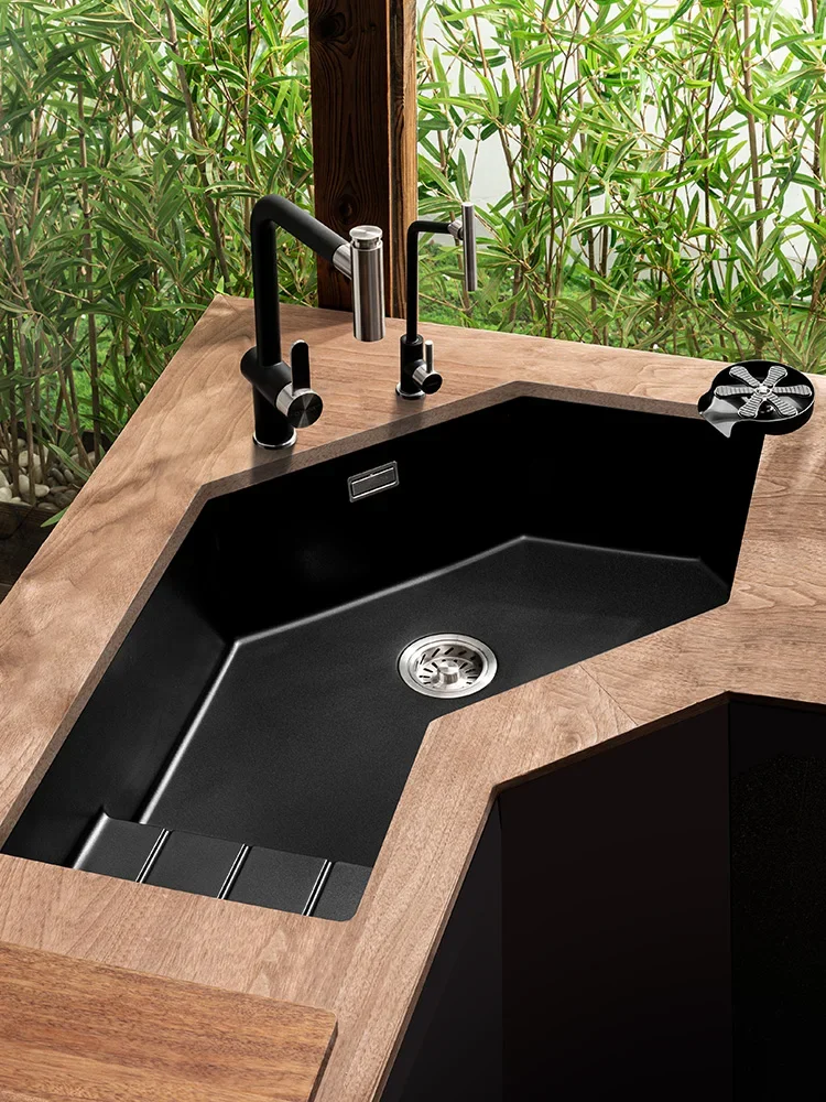 Sink Kitchen Irregular Sink Corner Dish Sink Quartz Stone Sink Large Single Sink Corner Dish Sink Black