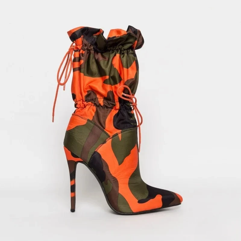 

2025 Spring High Heels Pointed Toe Mid Calf Boots for Women Fashion Camouflage Print Stiletto Lace Up Women's Shoes Botas Mujer