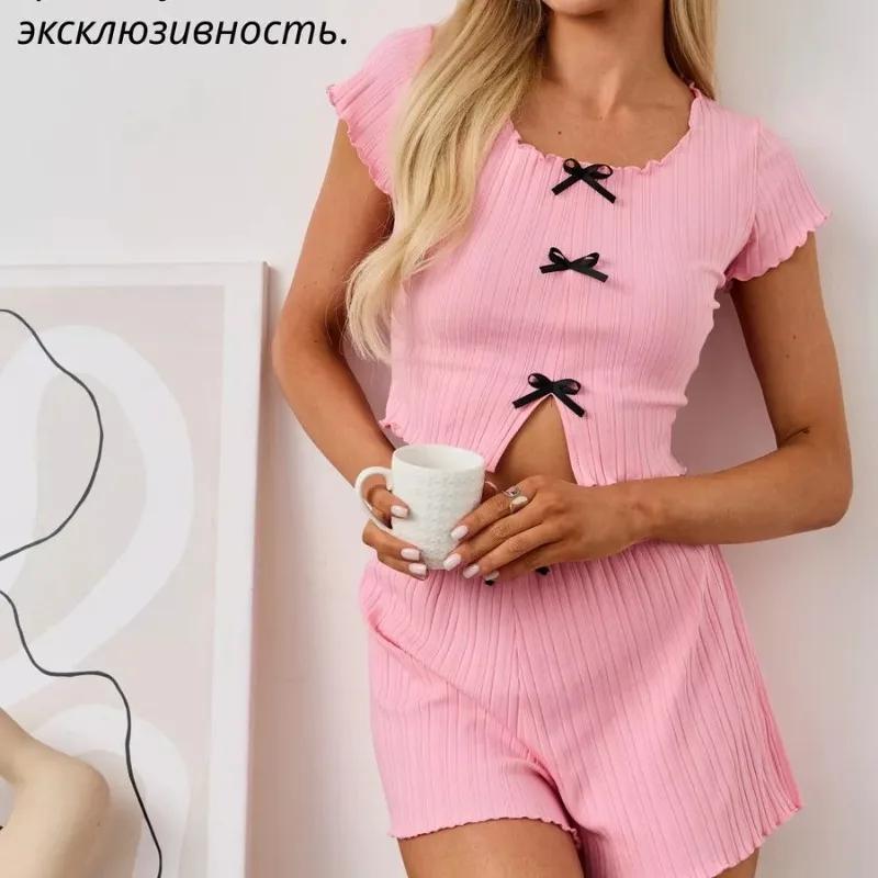 

Summer Nightgown Bowknot Short Sleeve Knitted Sleepwear Sweet Short Top Comfortable Women Pajama Set