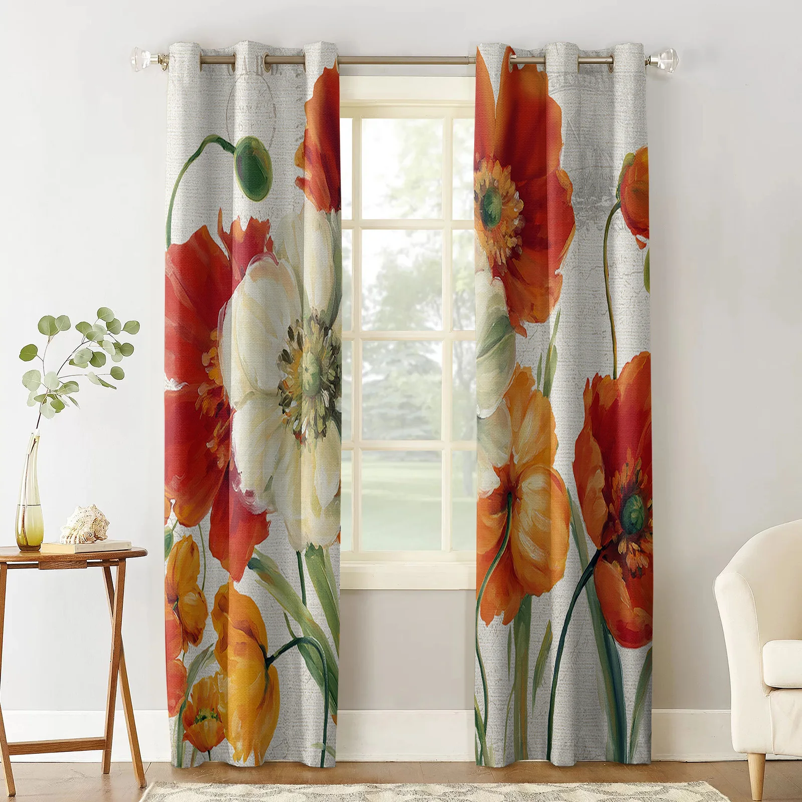 Vintage Flowers Poppies Print Curtains For Kitchen Bedroom Window Treatment Curtains for Living Room Home Decor Drapes