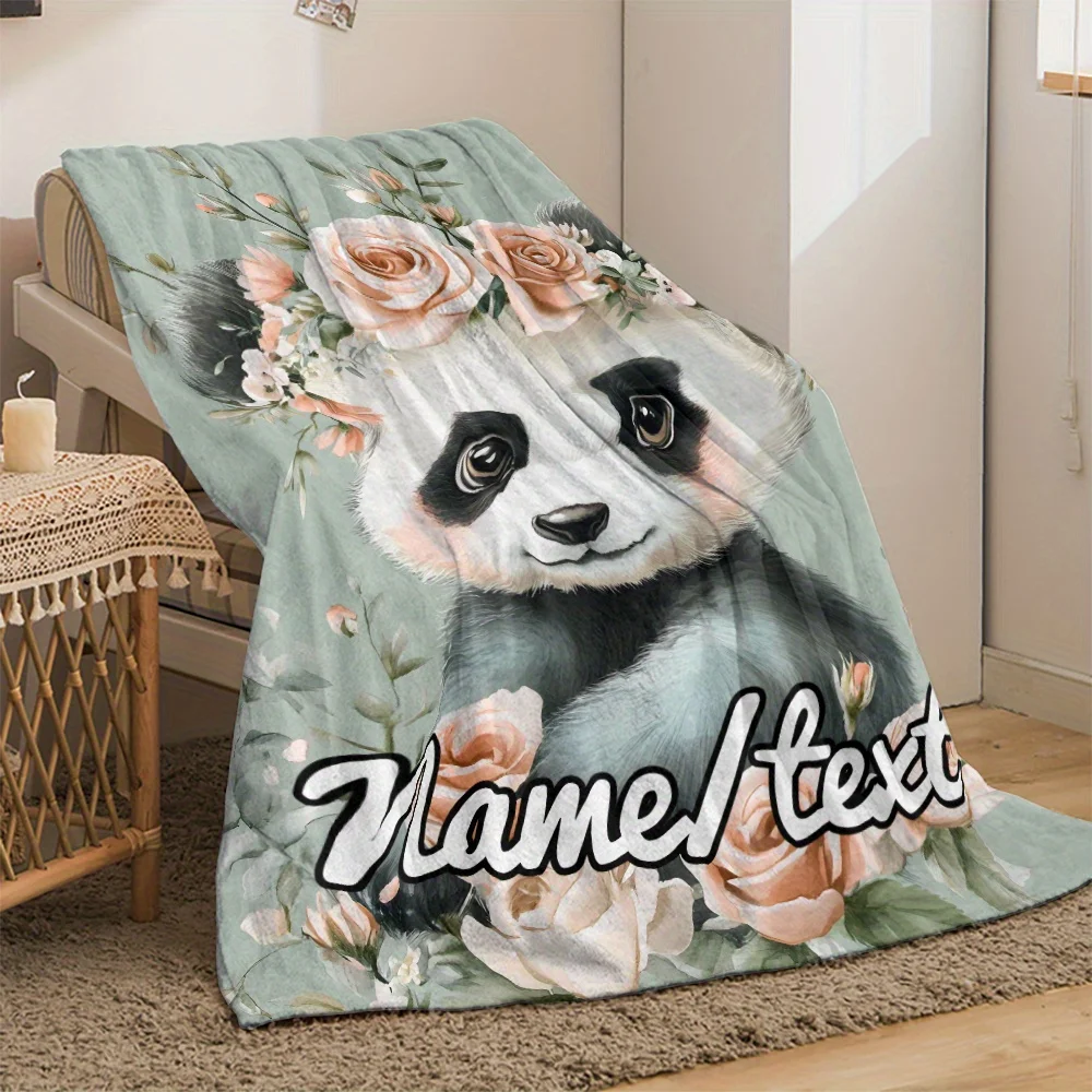 1pc Custom Panda Garland Flannel Blanket, Soft Lightweight Polyester with Adorable Panda Floral Design, Personalized Name Option