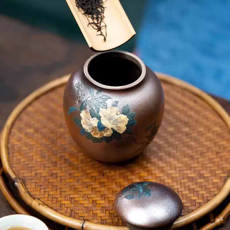 [Biyile Pot]Yixing Zisha Li Jianjun's Handmade Ceremony Tea Canister, Wood-Fired With Carved Peony Blossoms Symbolizing