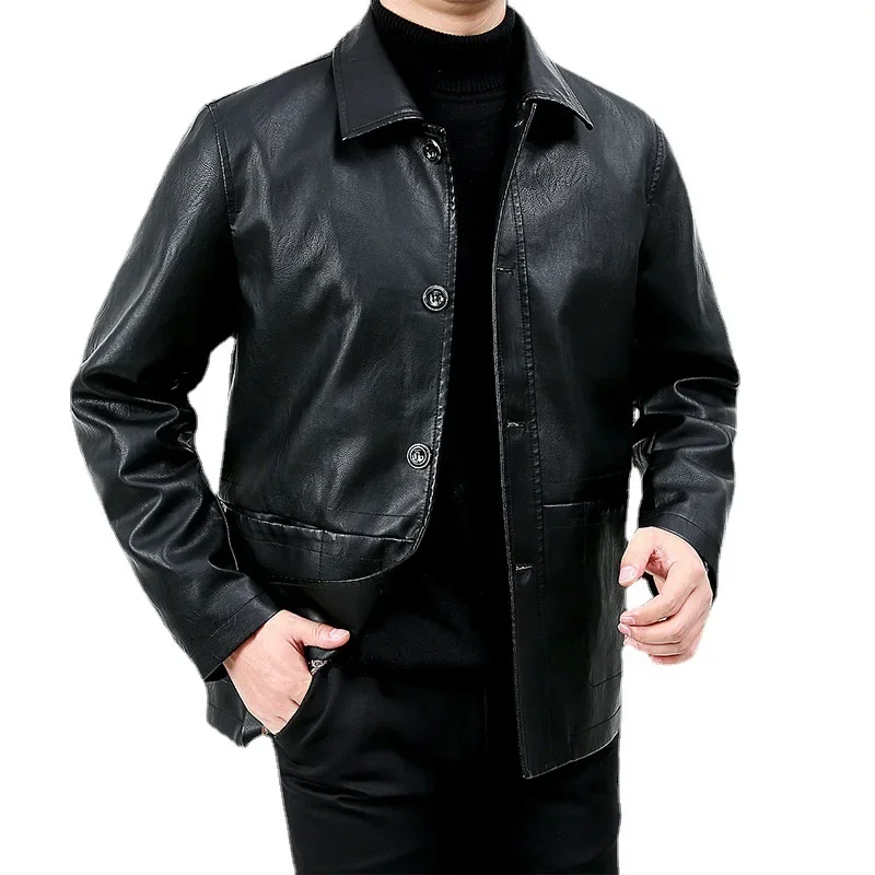 

Autumn and Winter New Middle-aged and Young Men's Leather Jacket, Medium Length Lapel, Dad's Business Casual Jacket