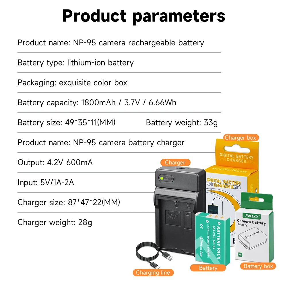NP 95 배터리 팩 NP-95 3.7V 1800mAh 배터리, Fujifilm F30 F31 F31FD 3D W1 X100T X100S X100 X30 + C타입 고속 충전 충전기