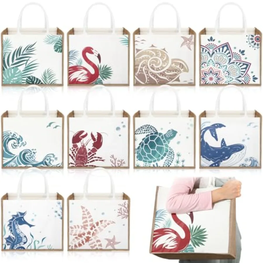 

10 Pack Beach Burlap Tote Bags Bulk Large Beach Jute Tote Bags with Handles 14.2"x 12.6"x 7.5" for DIY Wedding Gift