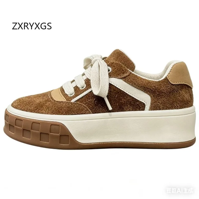 ZXRYXGS Round Toe Lace-up Women Thick Soled Sneakers Increase Shoes 2026 Autumn Spell Color Real Leather Women  Casual Sneakers